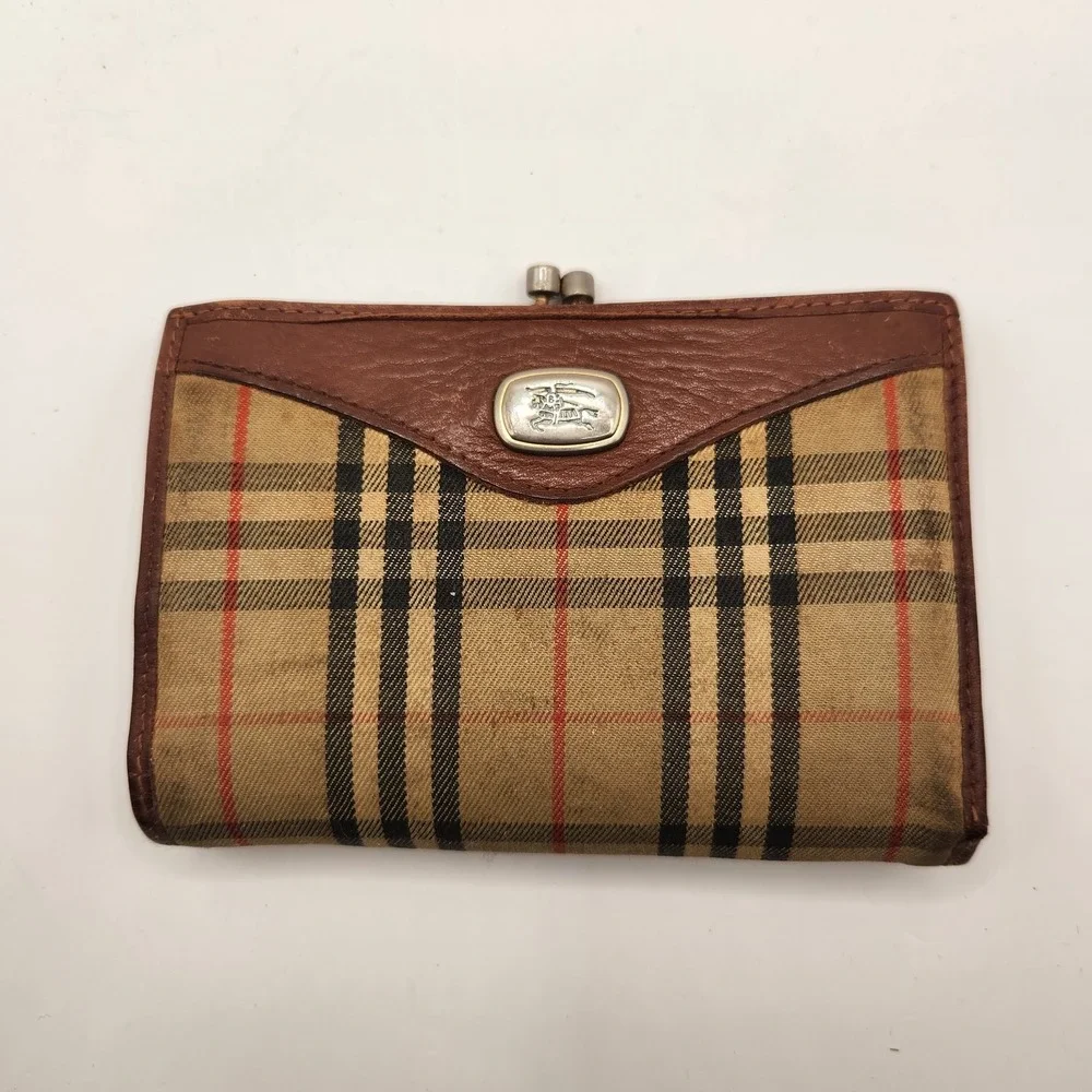 Vintage Burberry Classic Nova Check Kiss Lock Bifold Wallet Canvas Leather